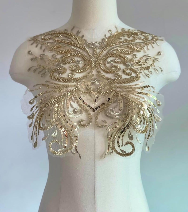 JRYYR Sequin Applique, Gold Appliques, DIY Accessories Applique Patch, Beaded Appliques for Dresses, Dancewear, Evening Gowns, Apparel and More. (Gold) - Image 2